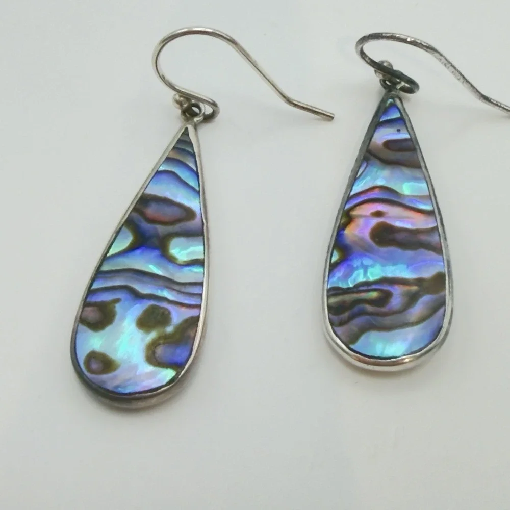 Vtg ATI Abalone Shell Sterling Silver Earrings Teardrop Dangle Pretty
